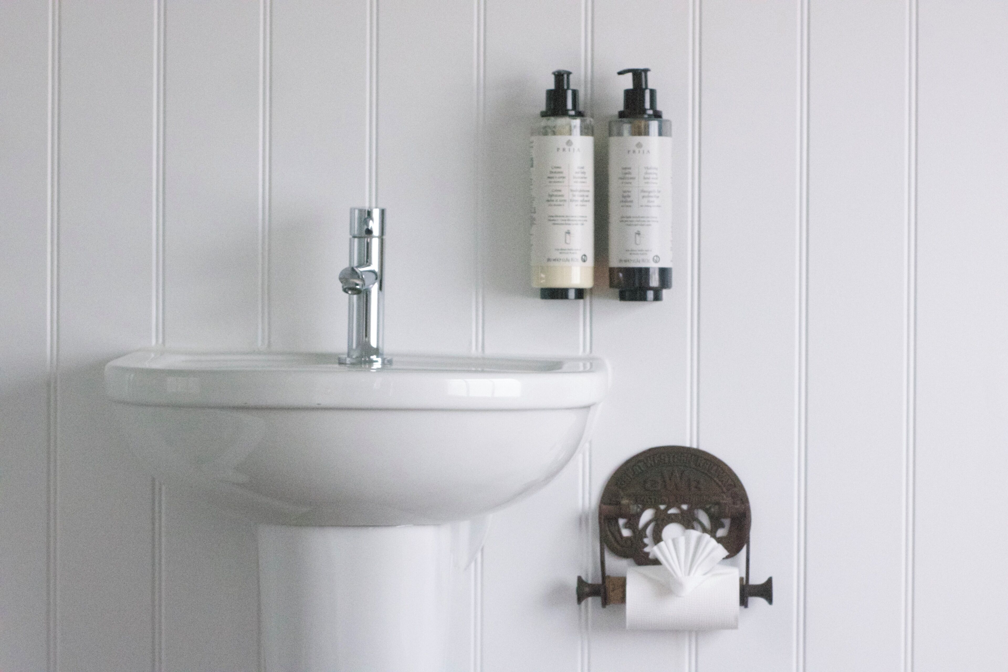 Un lavabo blanco con grifo, dos botellas de artículos de tocador y un dispensador de papel higiénico con un diseño decorativo.