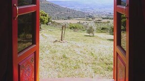 Un umbral abierto que da a un espacio exterior cubierto de hierba, con vistas a colinas distantes.