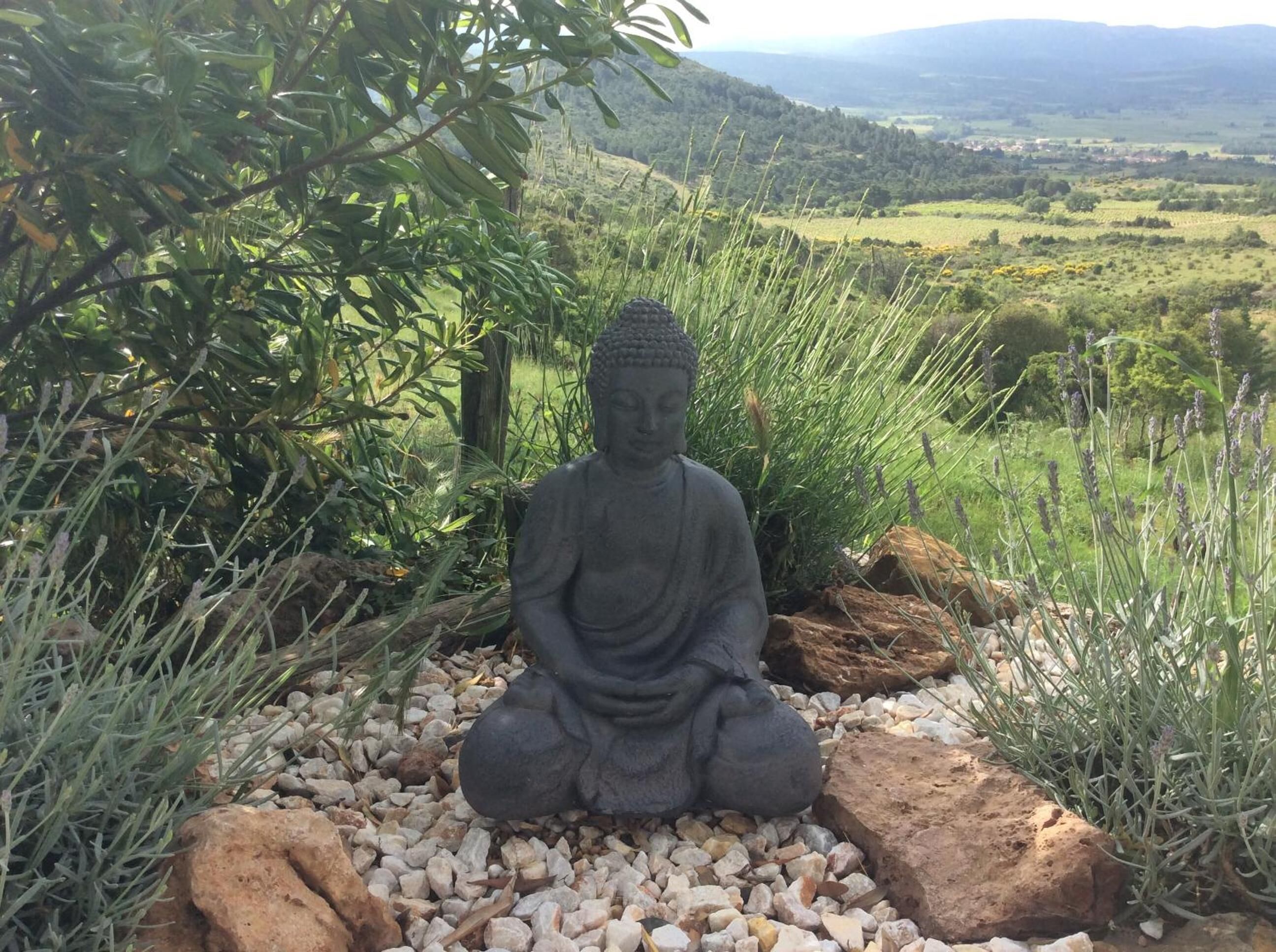 Une statue de Bouddha, placée dans un cadre naturel, avec vue sur un paysage vallonné.