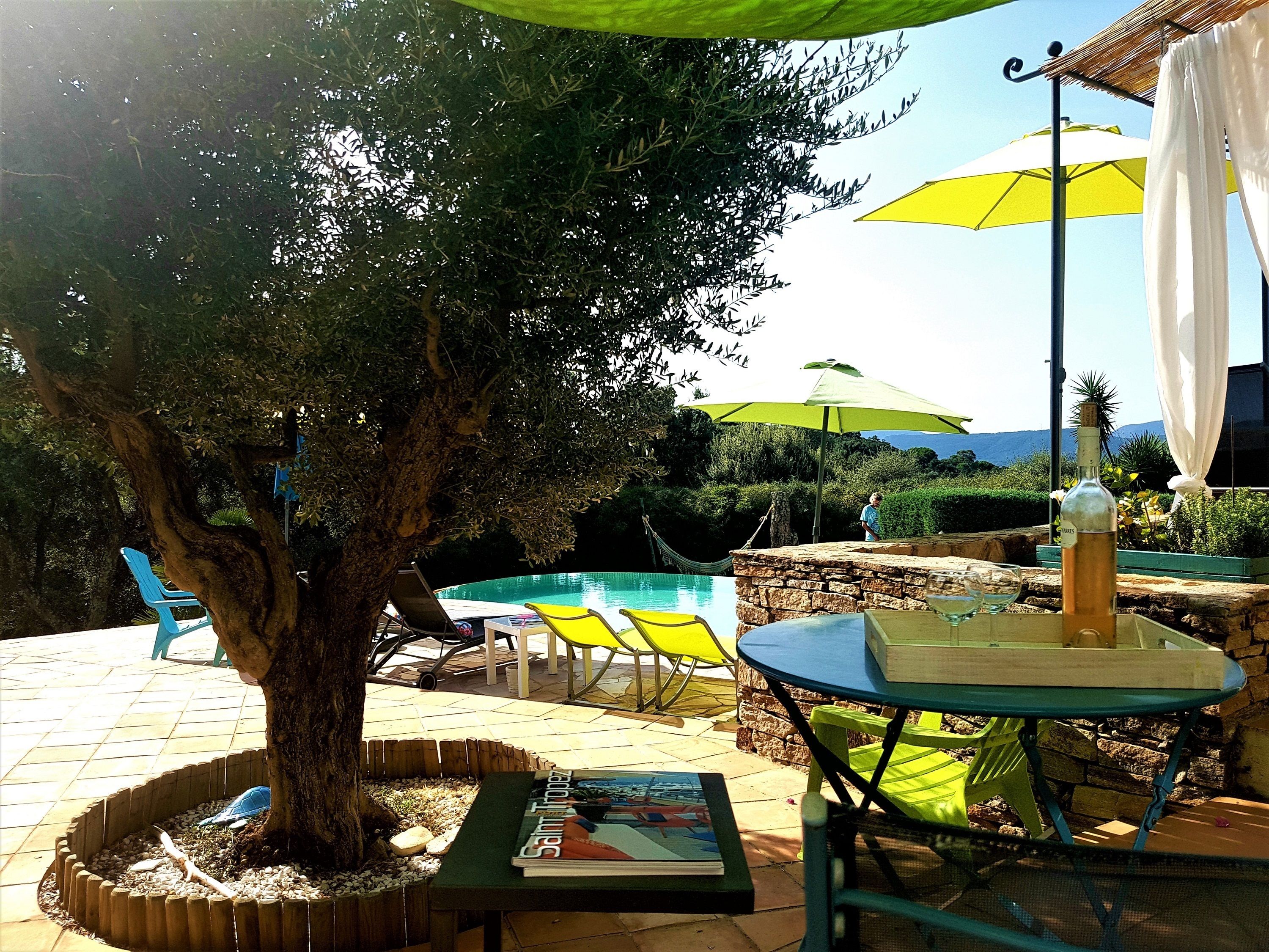 Un espace aménagé au bord de la piscine, avec un arbre, des sièges d’extérieur et des parasols.