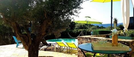 Un espace aménagé au bord de la piscine, avec un arbre, des sièges d’extérieur et des parasols.