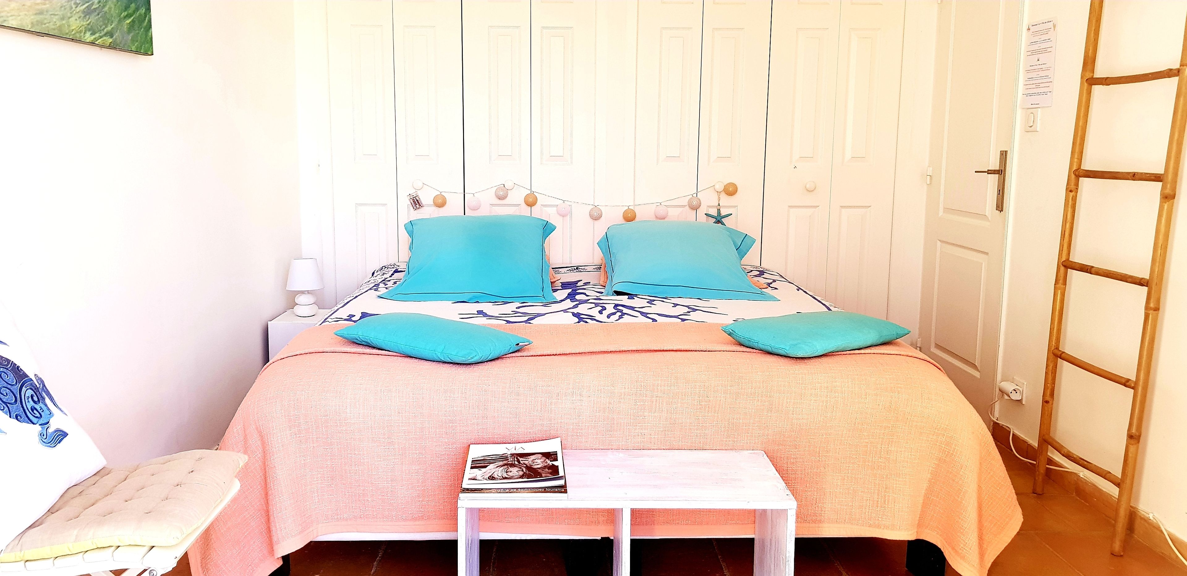 A bedroom with a bed, a bedside table, a wall-mounted lamp, and a door with a ladder.