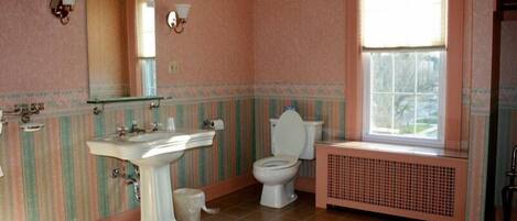 A bathroom with a sink, toilet, and window.