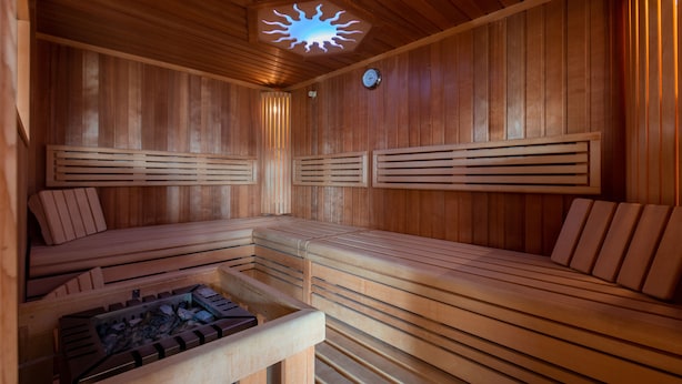 Een sauna met houten banken en een centraal verwarmingselement.