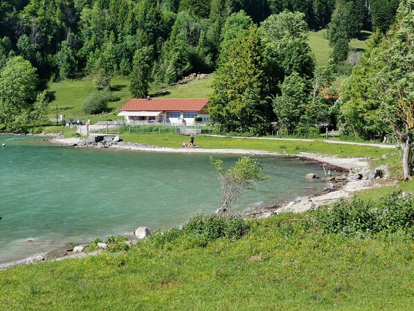 A lakeside property with a red-roofed building, surrounded by lush greenery and a clear view of the water. - Ferienwohnung Landhaus alpinum (Lenggries)