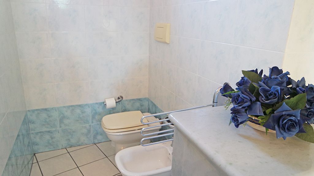 A bathroom with a toilet, a bidet, and a sink with a towel rack.