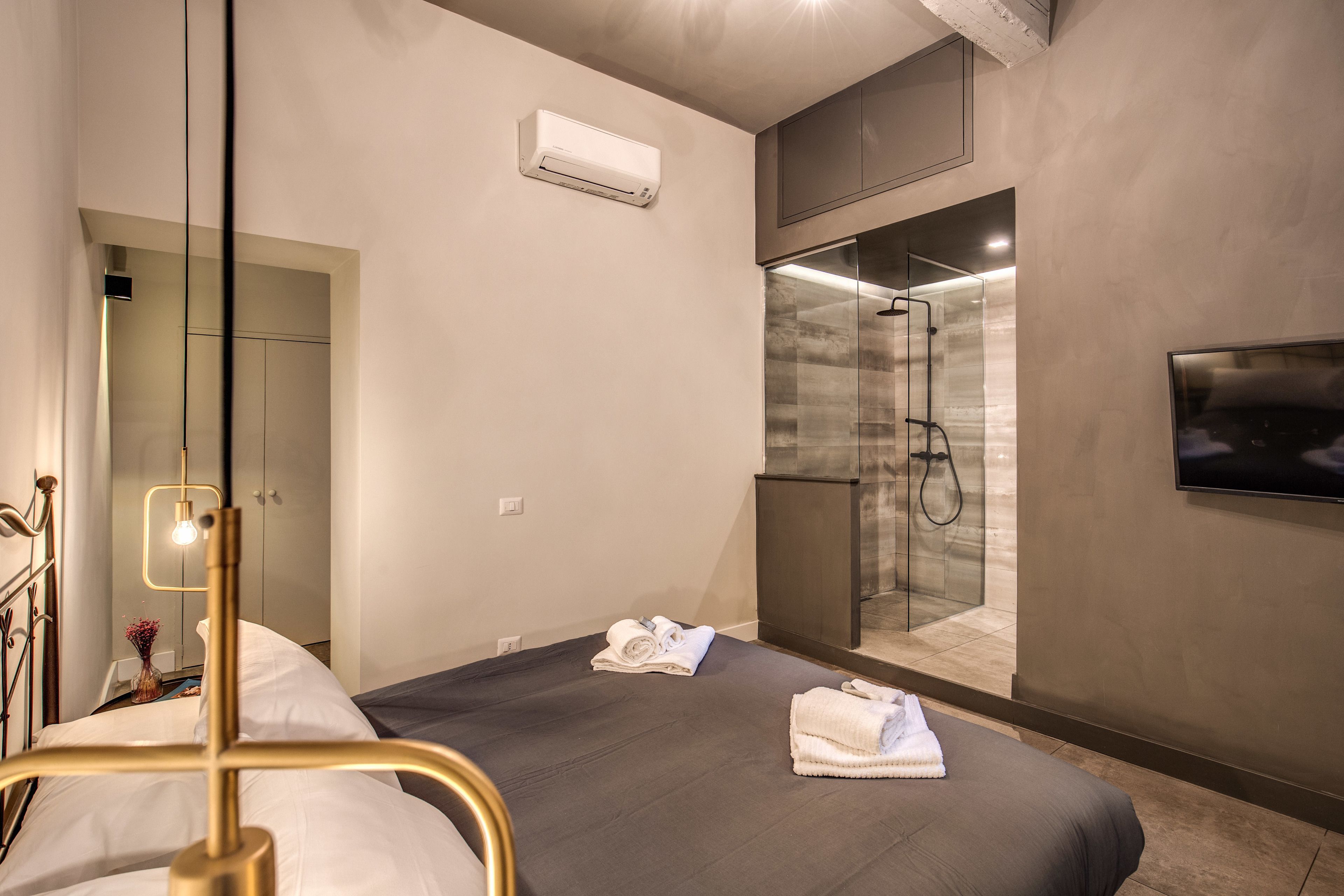 A modern hotel room with a bed, a TV, a shower, and an air conditioning unit.