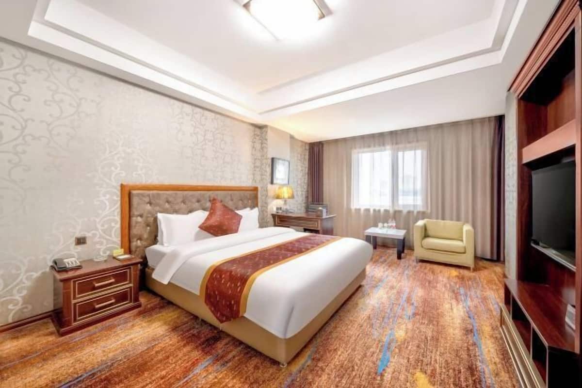A hotel room with a large bed, a TV, a desk, and a chair.