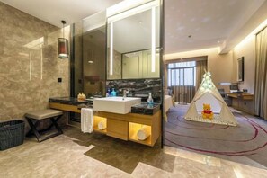 A modern bathroom with a large mirror, dual sinks, and a teddy bear in a tent. - 3b Hotel (Yuyao Shengshan) (Yuyao)