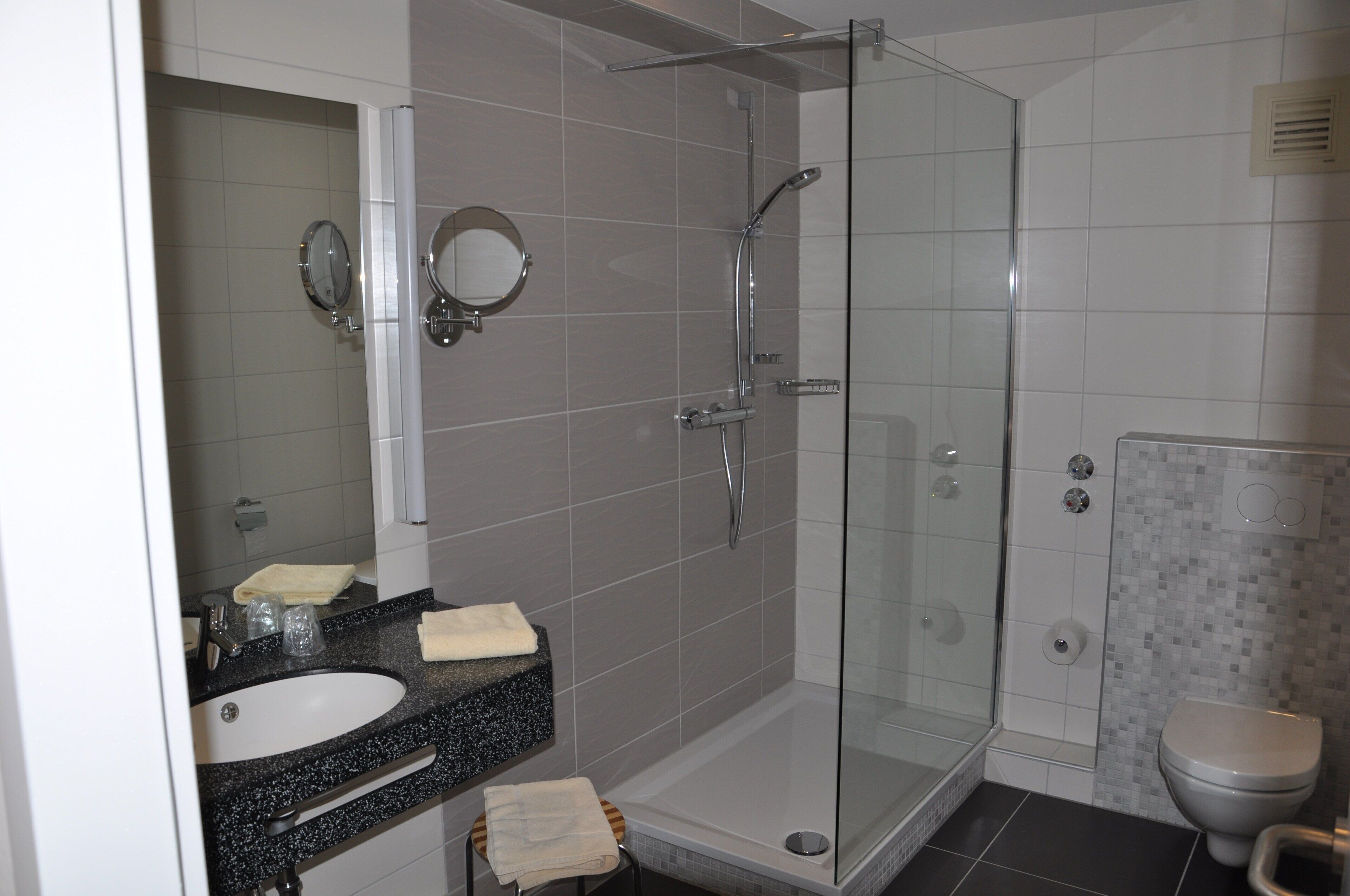 hair dryer, towels, soap, shampoo