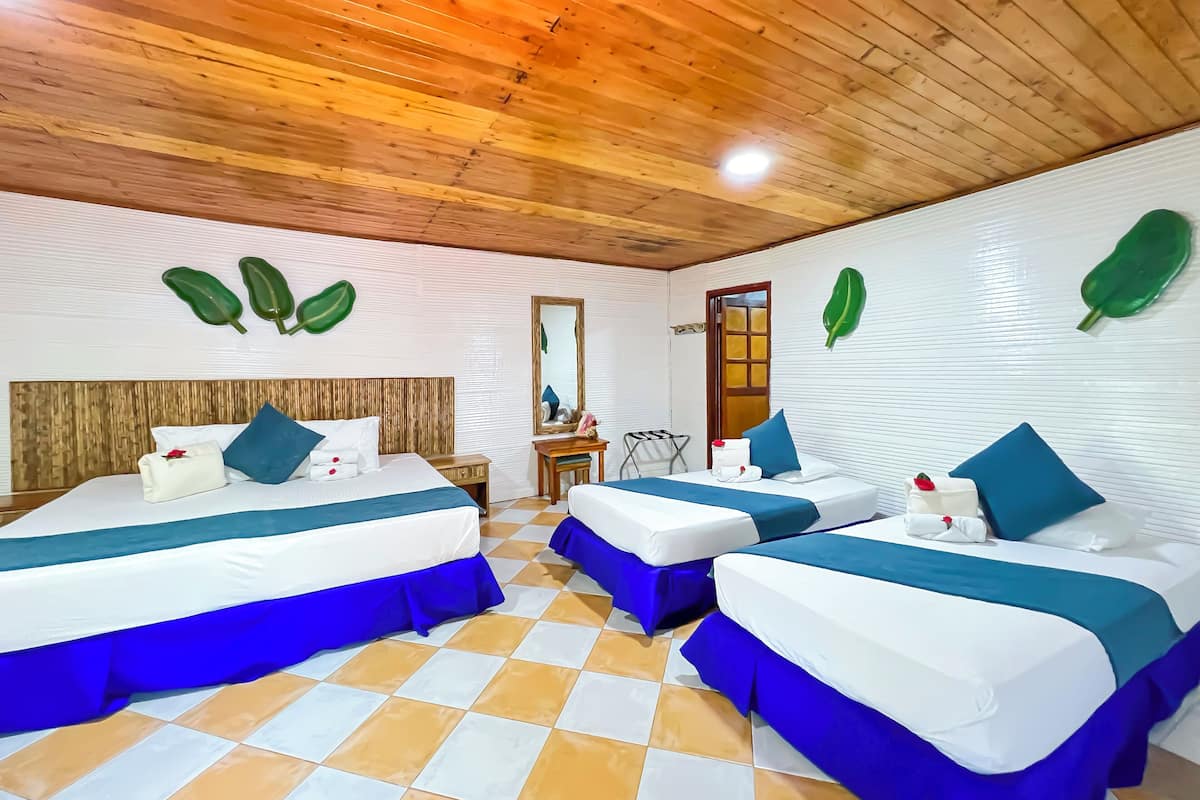 Habitación cuádruple estándar, 1 habitación, vista al jardín | Tabla de planchar con plancha, wifi gratis y ropa de cama