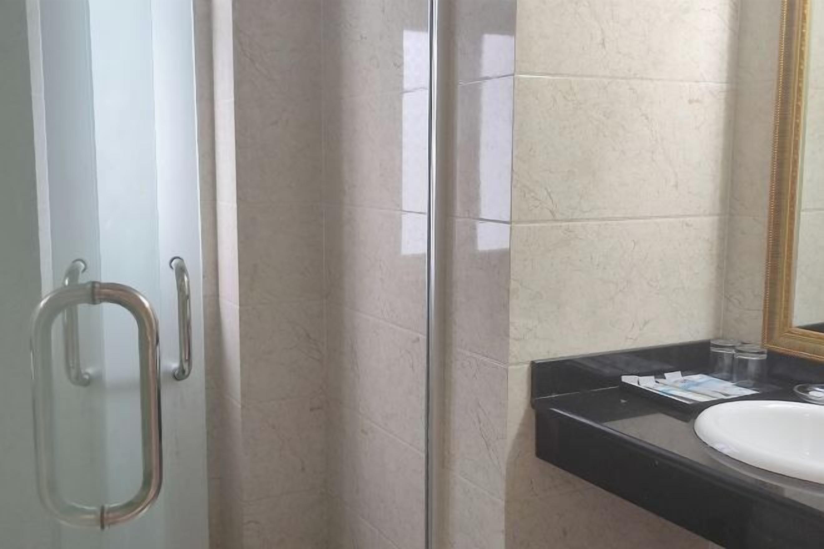 A bathroom with a glass door, a black countertop, a white sink, and a mirror with a gold frame.