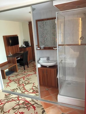 Une salle de bain avec une douche à parois de verre, un lavabo et un miroir.