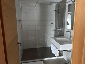 A modern bathroom with a glass shower enclosure, a white sink, and a large mirror.