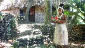 A stone building with a thatched roof, surrounded by lush greenery and a stone pathway. - Treetops Lodge (Port Vila)