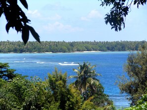 A coastal landscape with a clear view of the ocean, a sandy beach, and dense tropical vegetation. - Treetops Lodge (Port Vila)