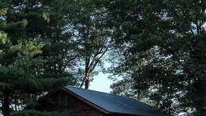 Une cabane rustique avec un toit en métal, entourée d’arbres et avec une voiture garée à proximité.