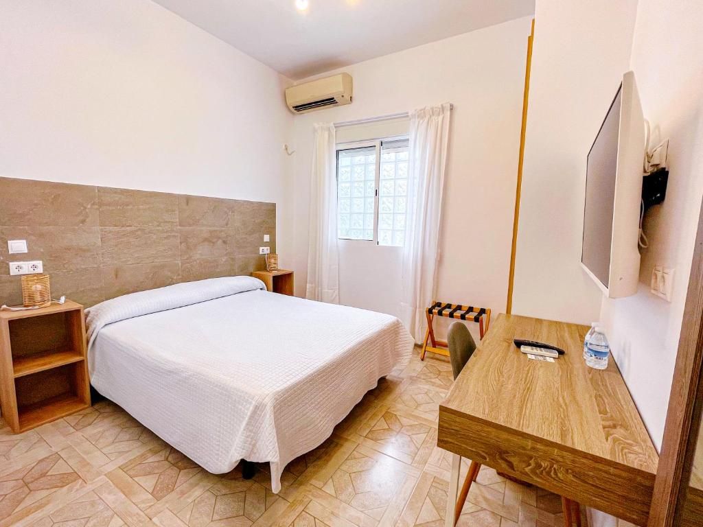 A hotel room with a bed, bedside table, chair, desk, and a television.