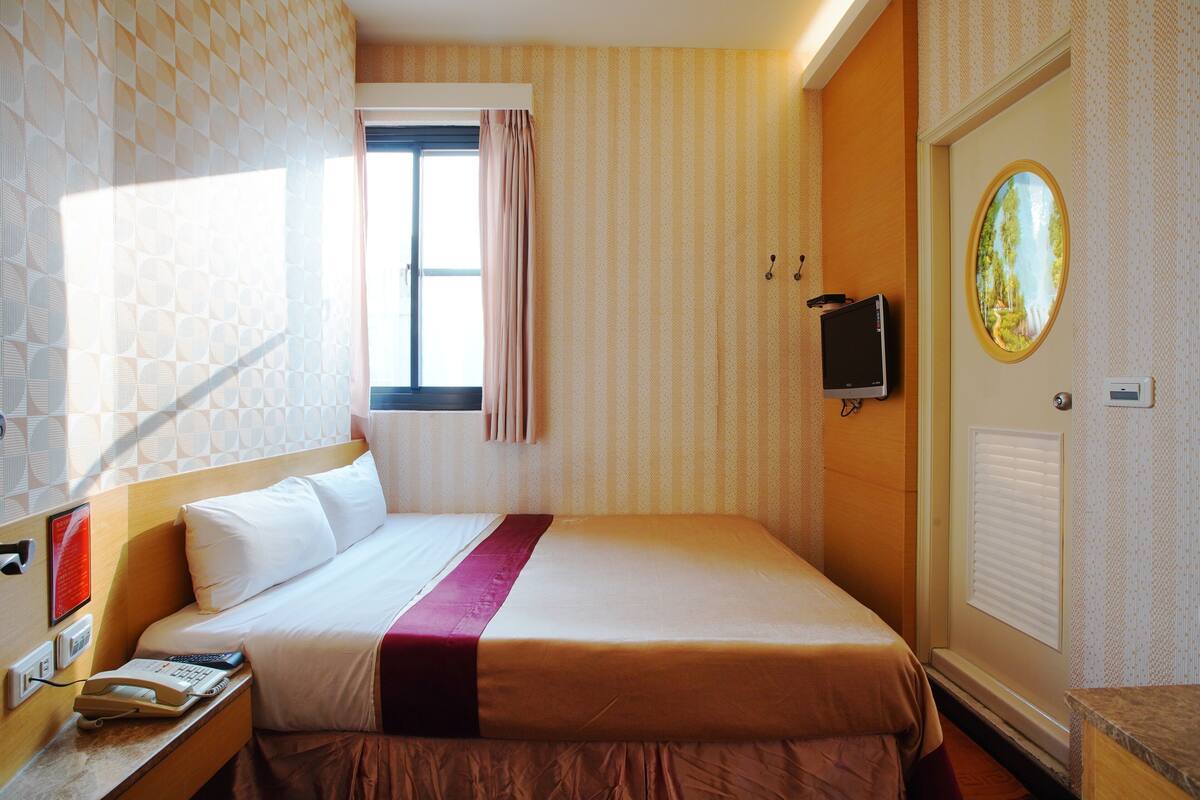 Habitación de hotel con cama, televisión, ventana con cortinas, puerta con espejo y teléfono fijo en la pared.