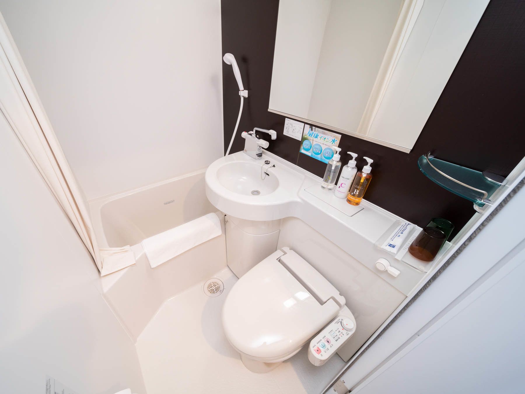 combined shower/bathtub, deep-soaking bathtub, free toiletries