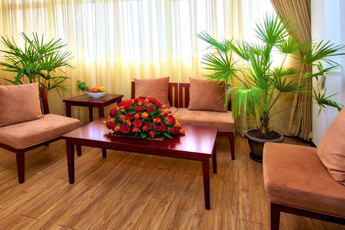 A cozy living room with wooden flooring, two sofas, a coffee table with a floral centerpiece, and several potted plants.