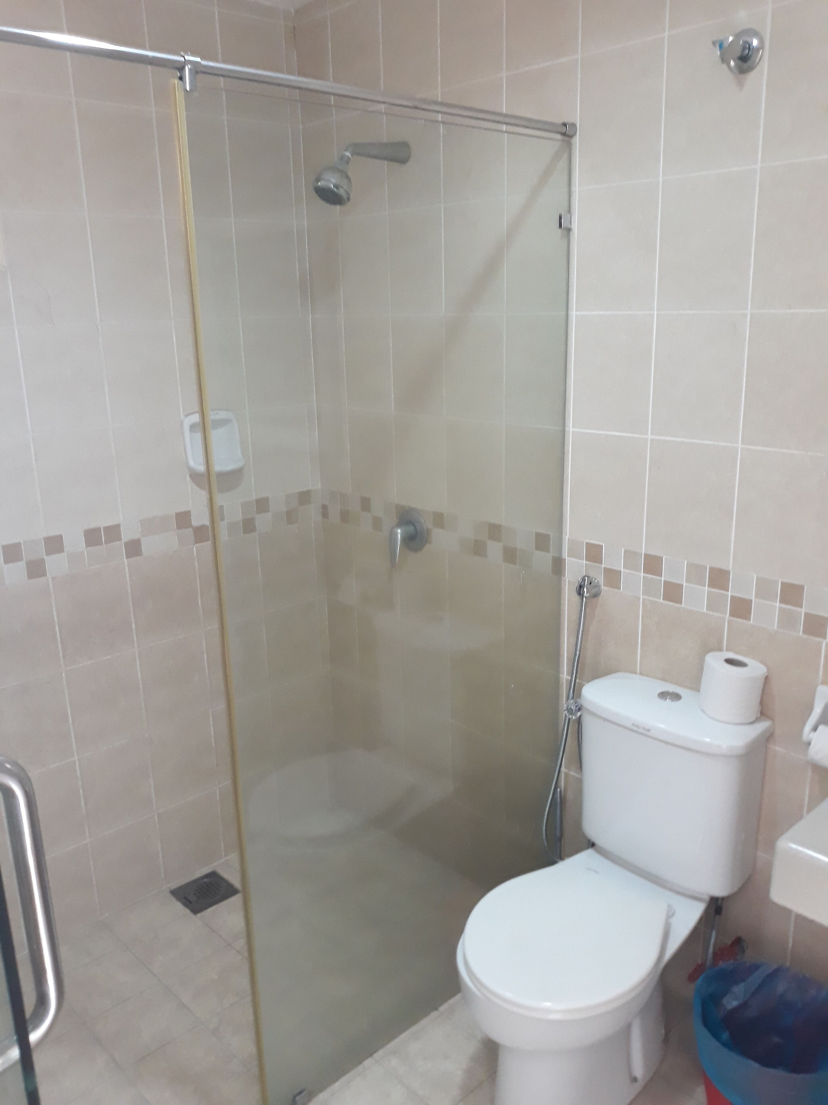 Un baño con ducha de vidrio, inodoro y lavamanos.