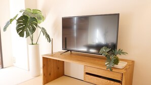 A wooden desk with a flat-screen TV, a potted plant, and a small white tray. - Mainichi Building Osaka (Osaka)