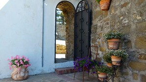 Un muro de piedra con una puerta de metal, plantas en macetas y un banco rústico.