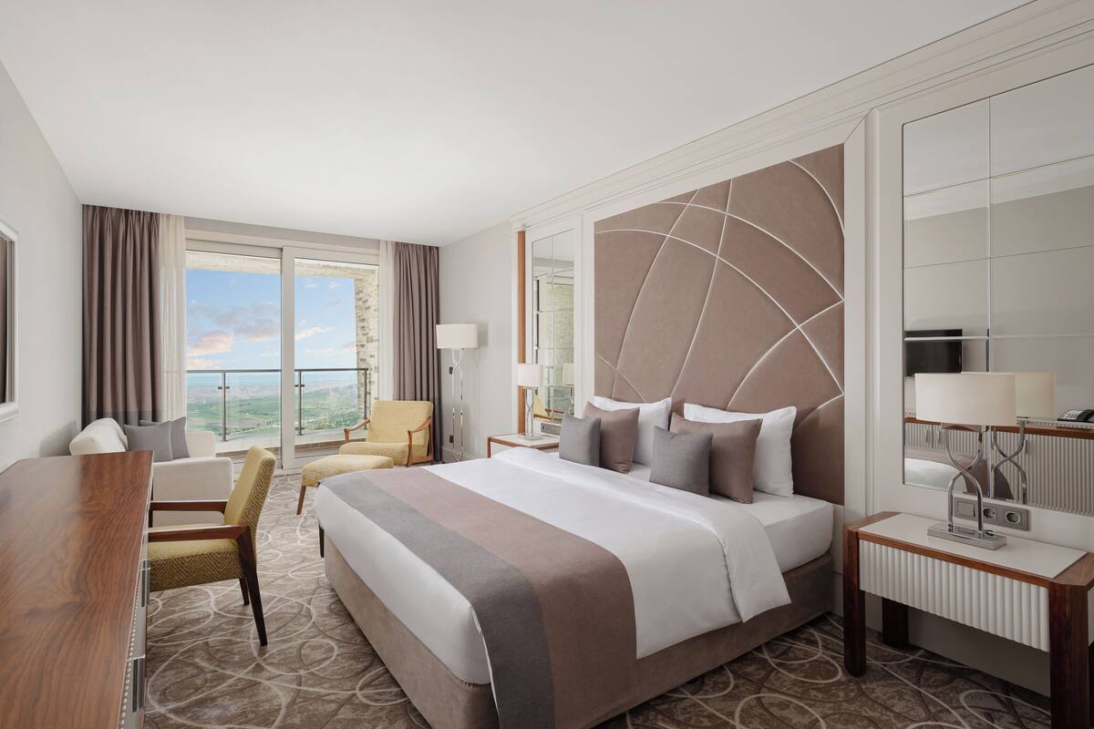 A hotel room with a large bed, a desk, a chair, a TV, and a view of the outdoors.