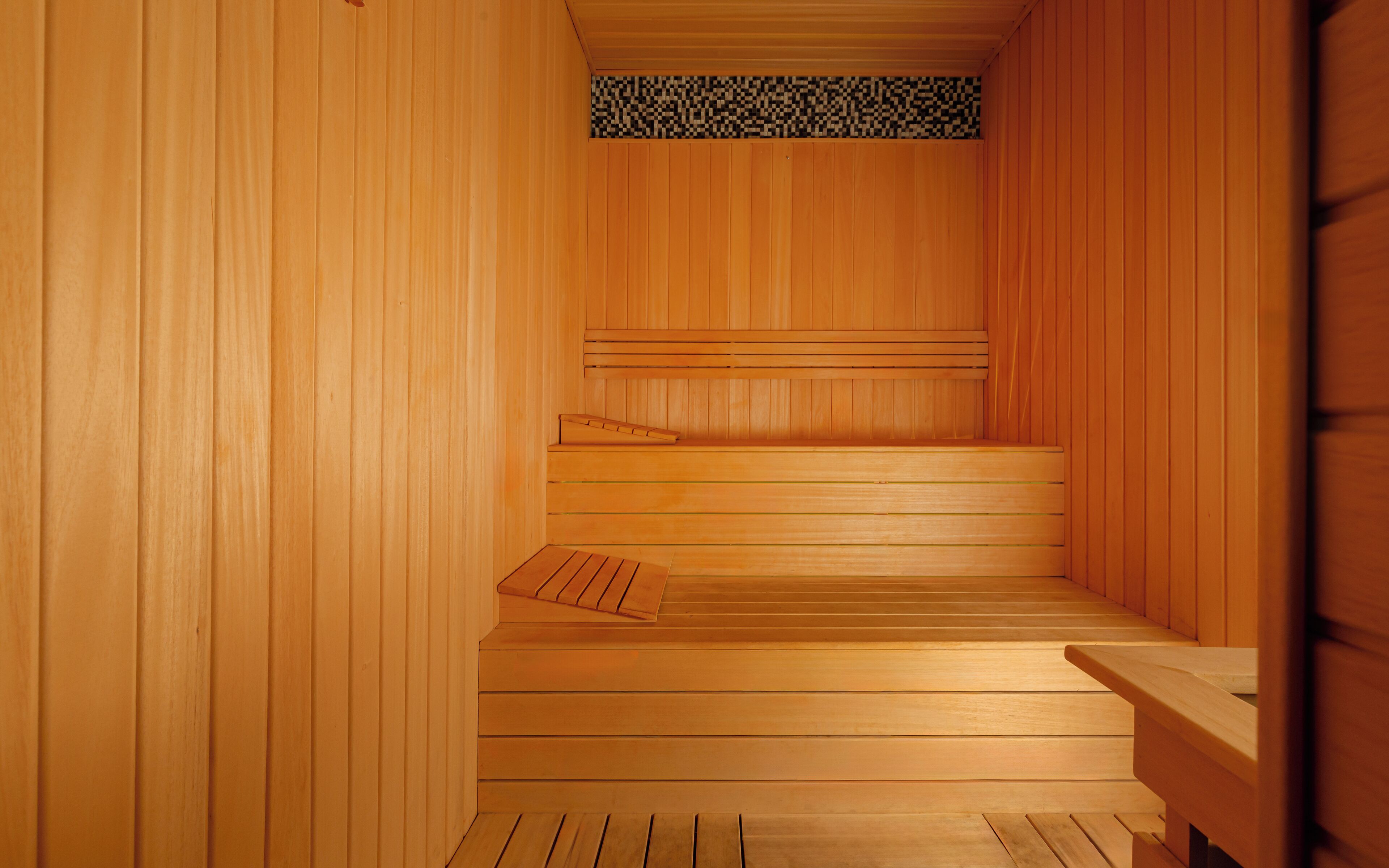 A wooden sauna with a sloped bench and a small step leading to the upper level.