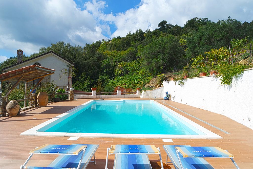 Piscina retangular com água azul cristalina, rodeada por um deck de madeira. Cadeiras de descanso com almofadas azuis estão dispostas em frente à piscina.