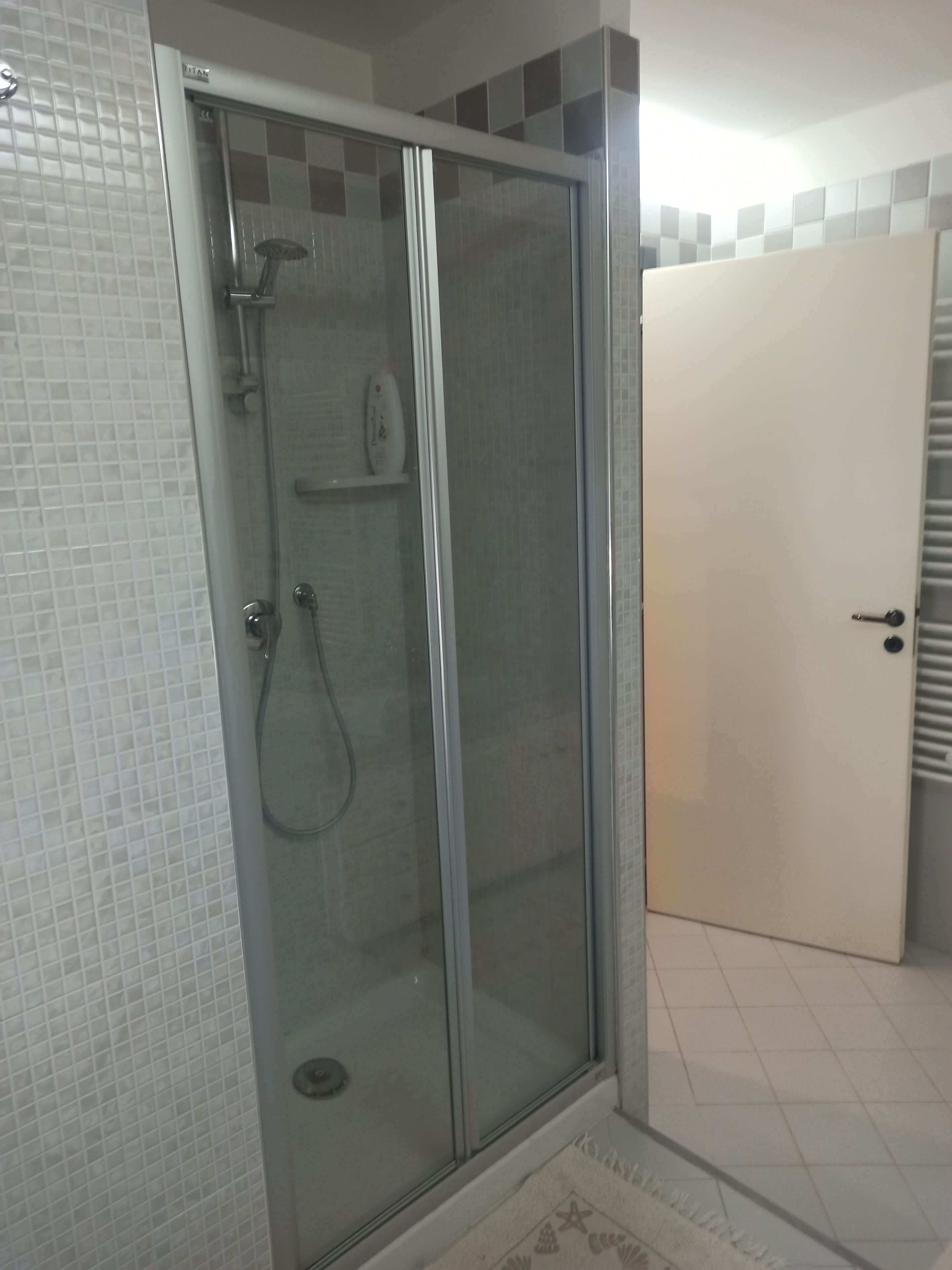 Un box de ducha con paredes de vidrio, equipado con ducha de mano y rociador manual.