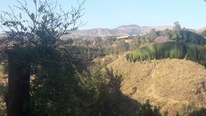 Paisaje montañoso con cielo despejado. Se ven árboles y algunos edificios a lo lejos.