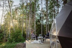 A wooden deck with two people and a dog, surrounded by tall trees. - Julared (Habo)
