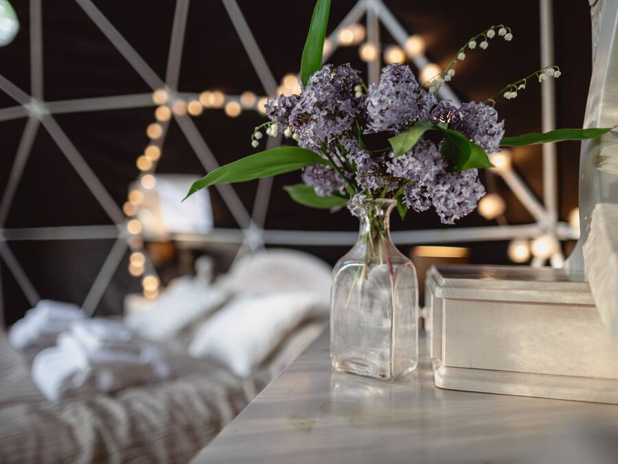 A clear view of a room with a bed, a bedside table with a vase of flowers, and a geometric wall structure with lights.