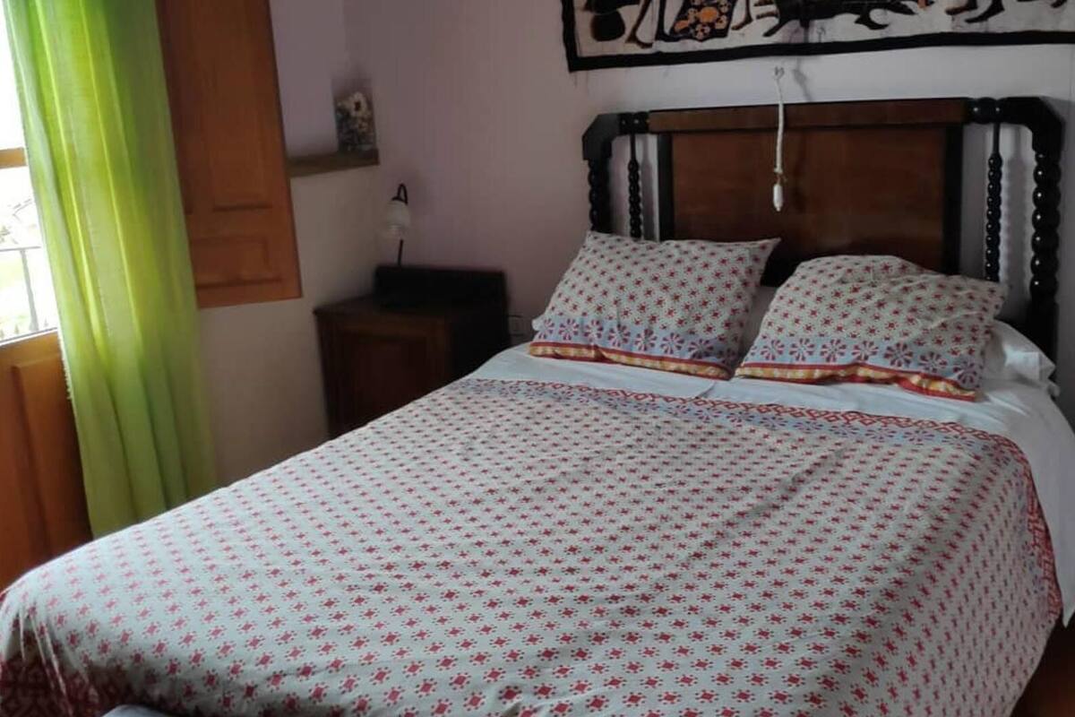 A bed with a patterned bedspread, a headboard, and two pillows.