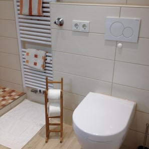 Shower, hair dryer, towels