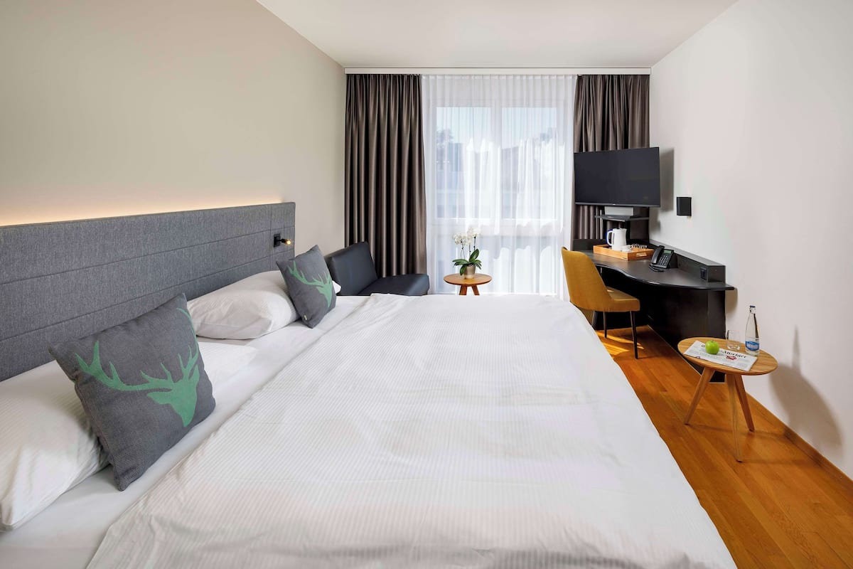 A hotel room with a large bed, a desk with a chair, a TV, and a small table with a plant and a glass.