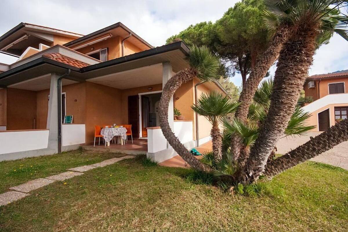 Une maison moderne dotée d’un patio couvert, d’un coin repas et d’une pelouse bien entretenue agrémentée de palmiers.