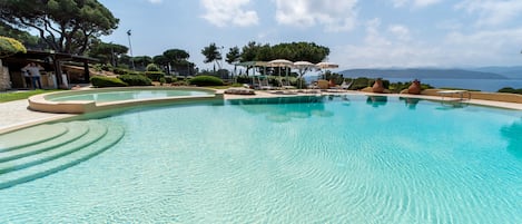 Una piscina al aire libre de temporada, sombrillas