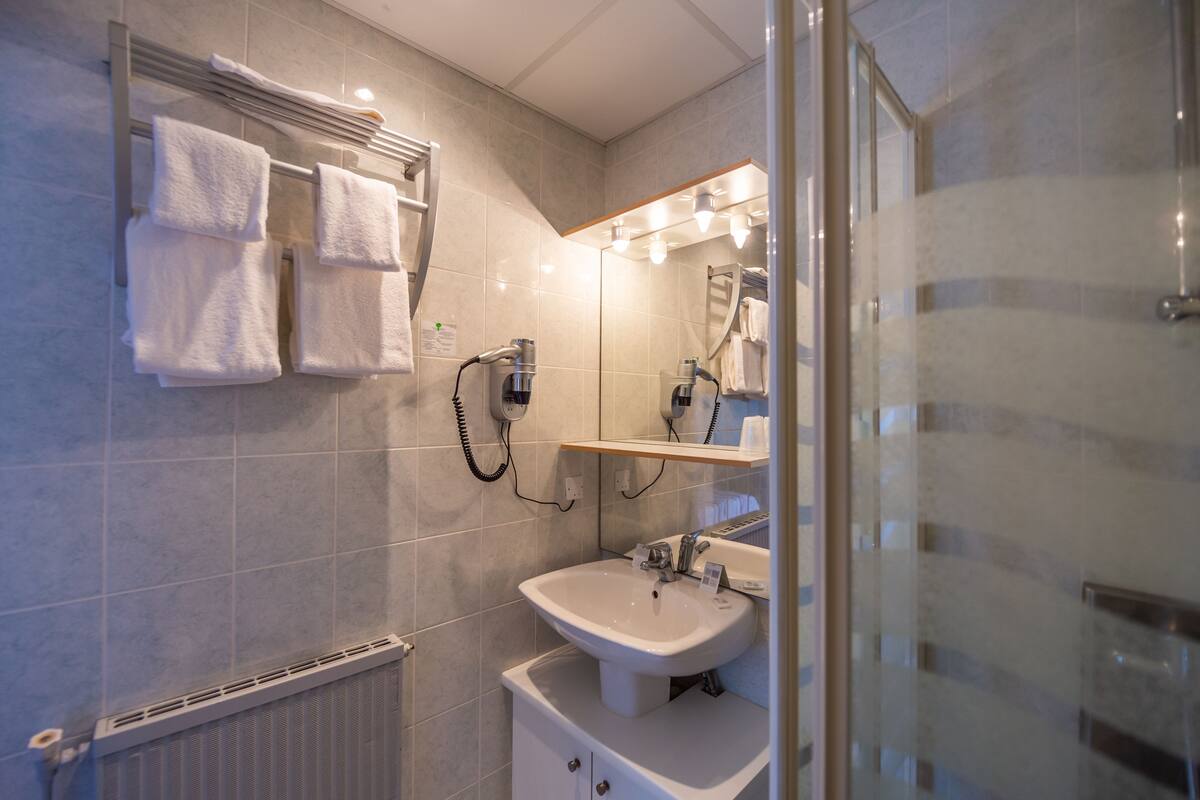 shower, free toiletries, hair dryer, towels