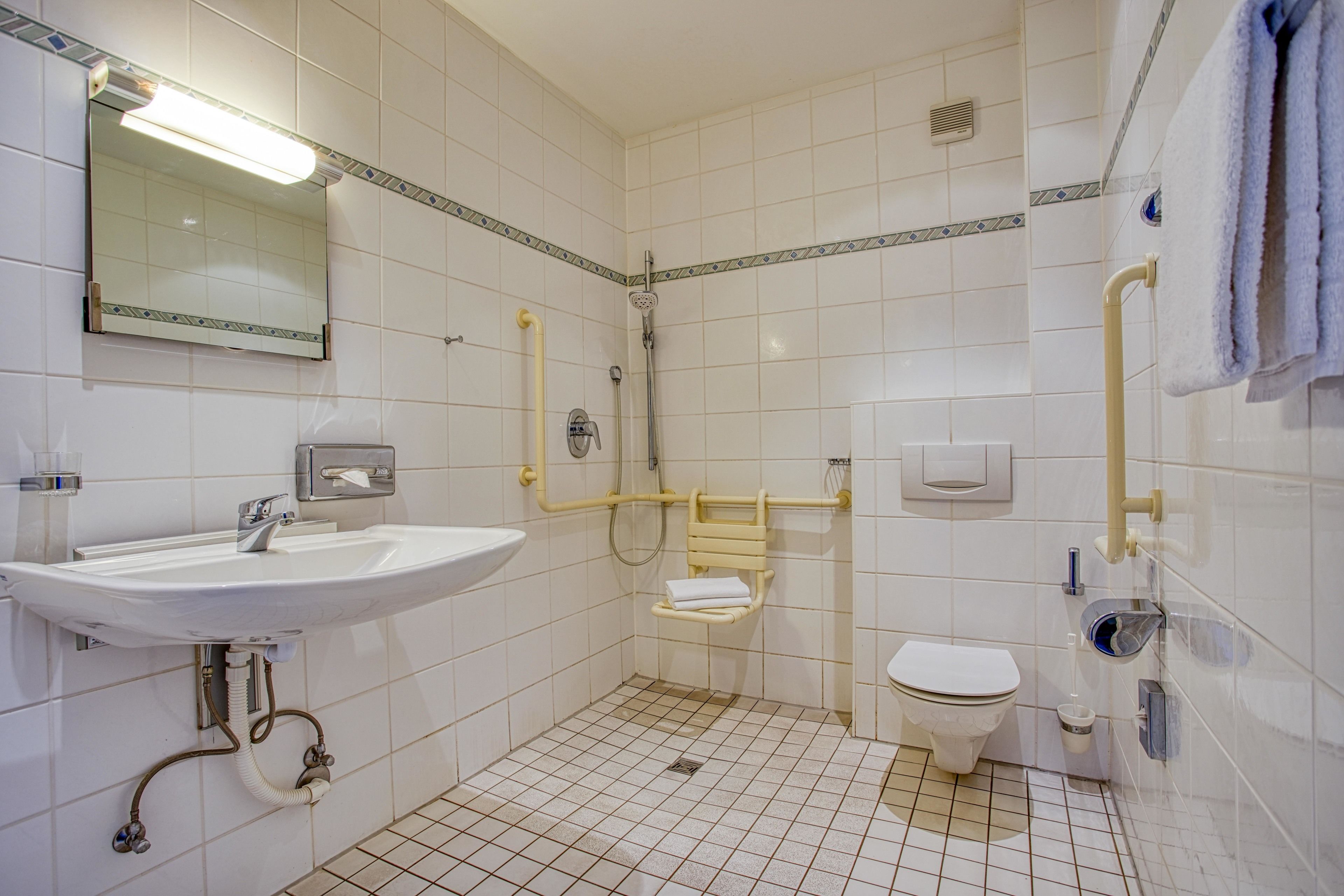 Une petite salle de bain propre, équipée d’un lavabo, de toilettes et d’une douche.