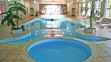 Indoor pool, outdoor pool, sun loungers