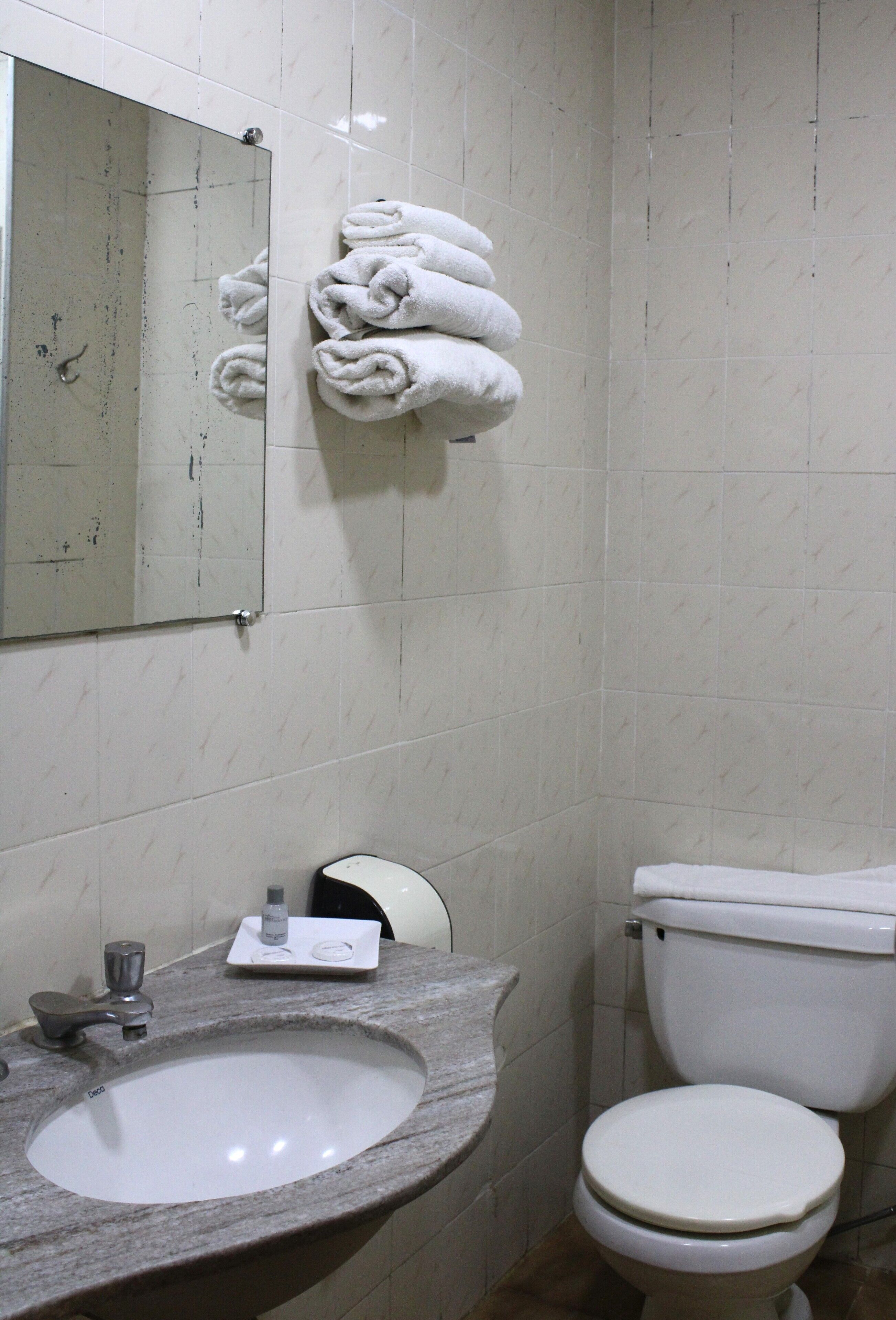 Un baño con lavamanos, inodoro y espejo.