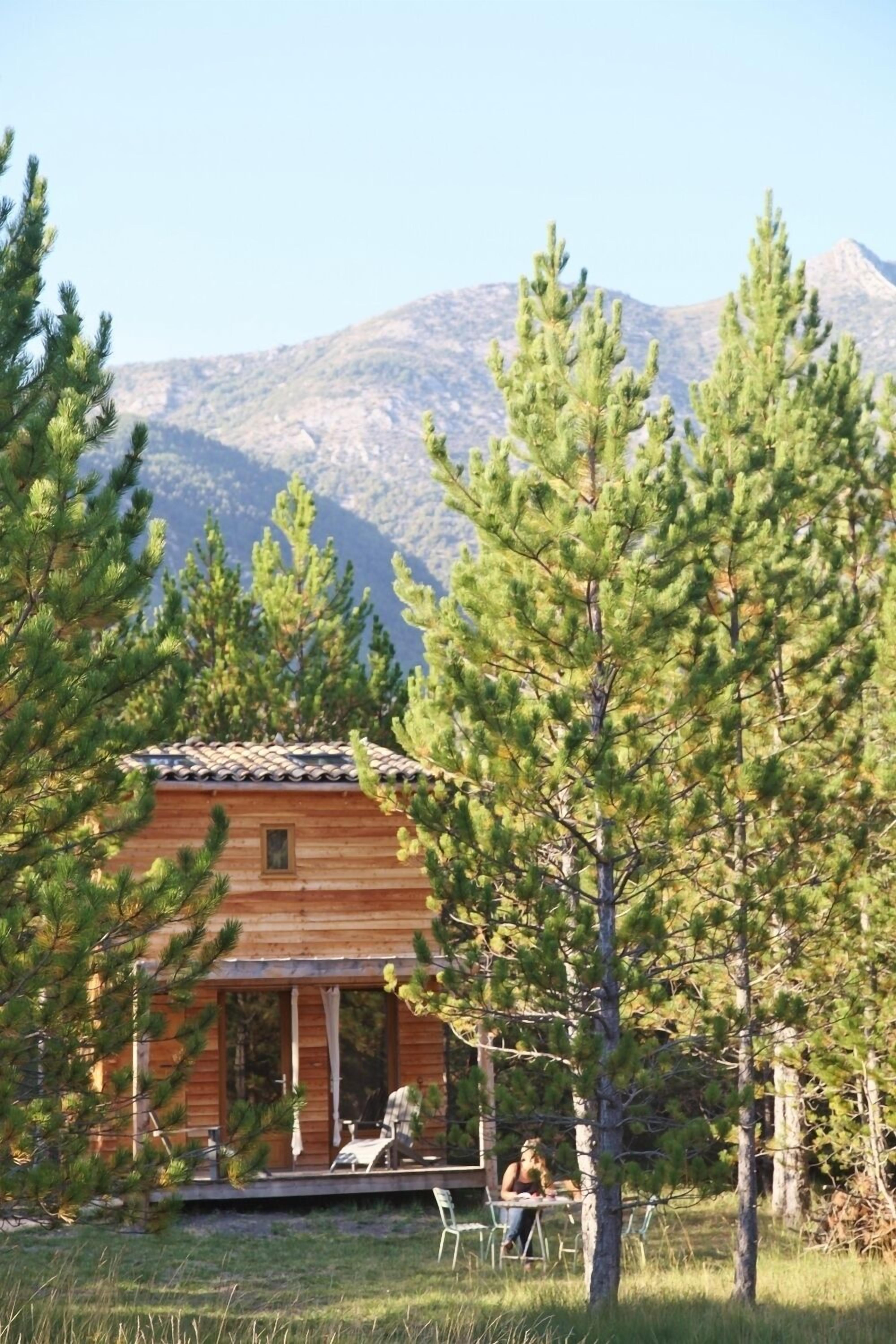 Eine Holzhütte mit Veranda, umgeben von Kiefern und Bergen im Hintergrund.