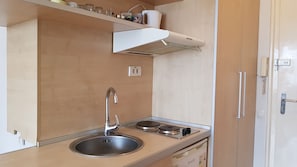 Studio | Private kitchen | Fridge, stovetop, electric kettle, cookware/dishes/utensils - Sava Mala Apartment (Belgrade)
