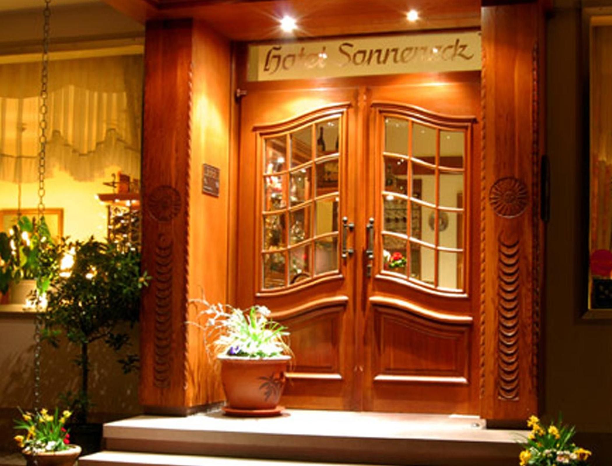 A hotel entrance with double wooden doors, a sign above the doors, and potted plants on either side.