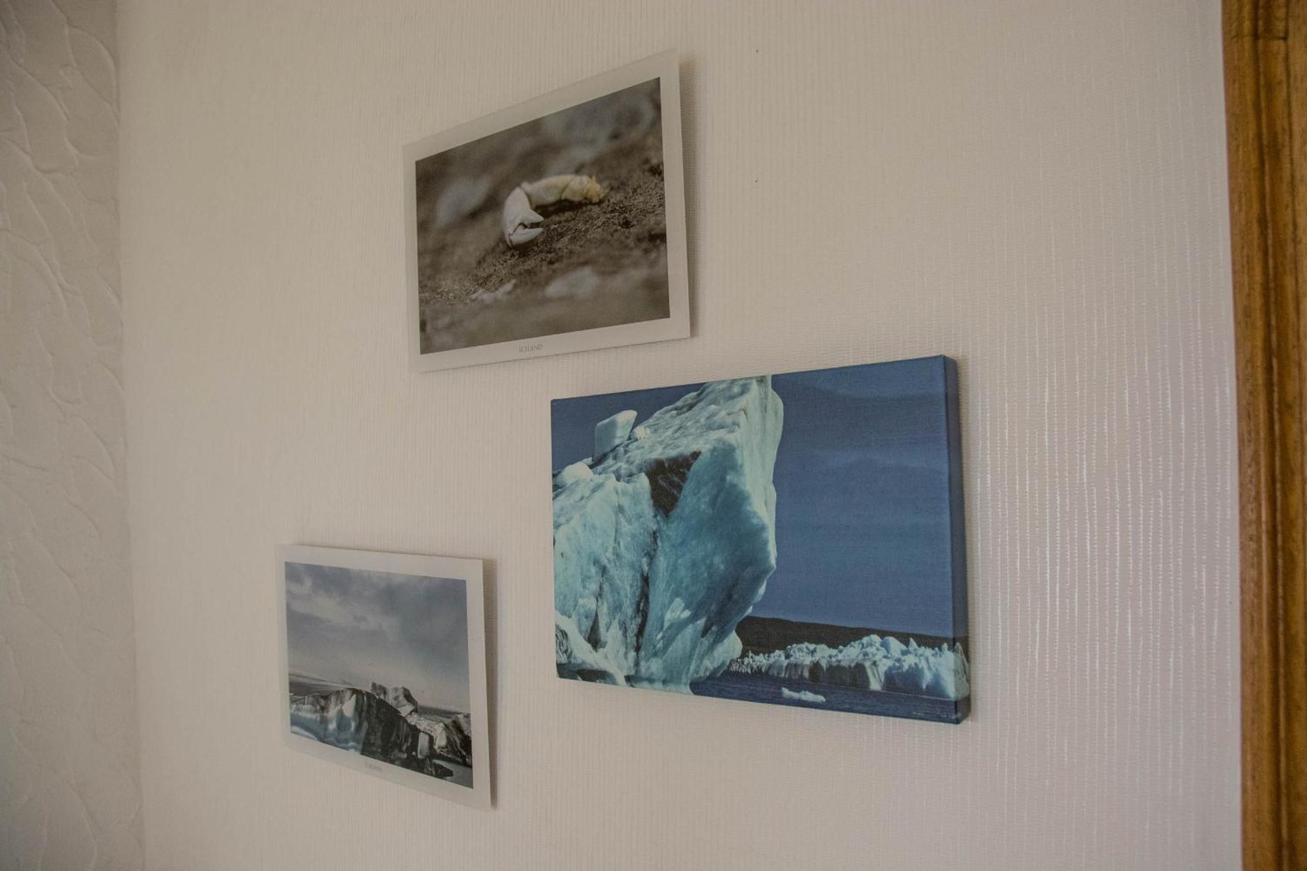 Three framed photographs on a wall.