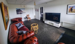 A living room with a large flat-screen TV, a red leather sofa, a wicker chair, and a small table. - Viking Café Guesthouse (Höfn)
