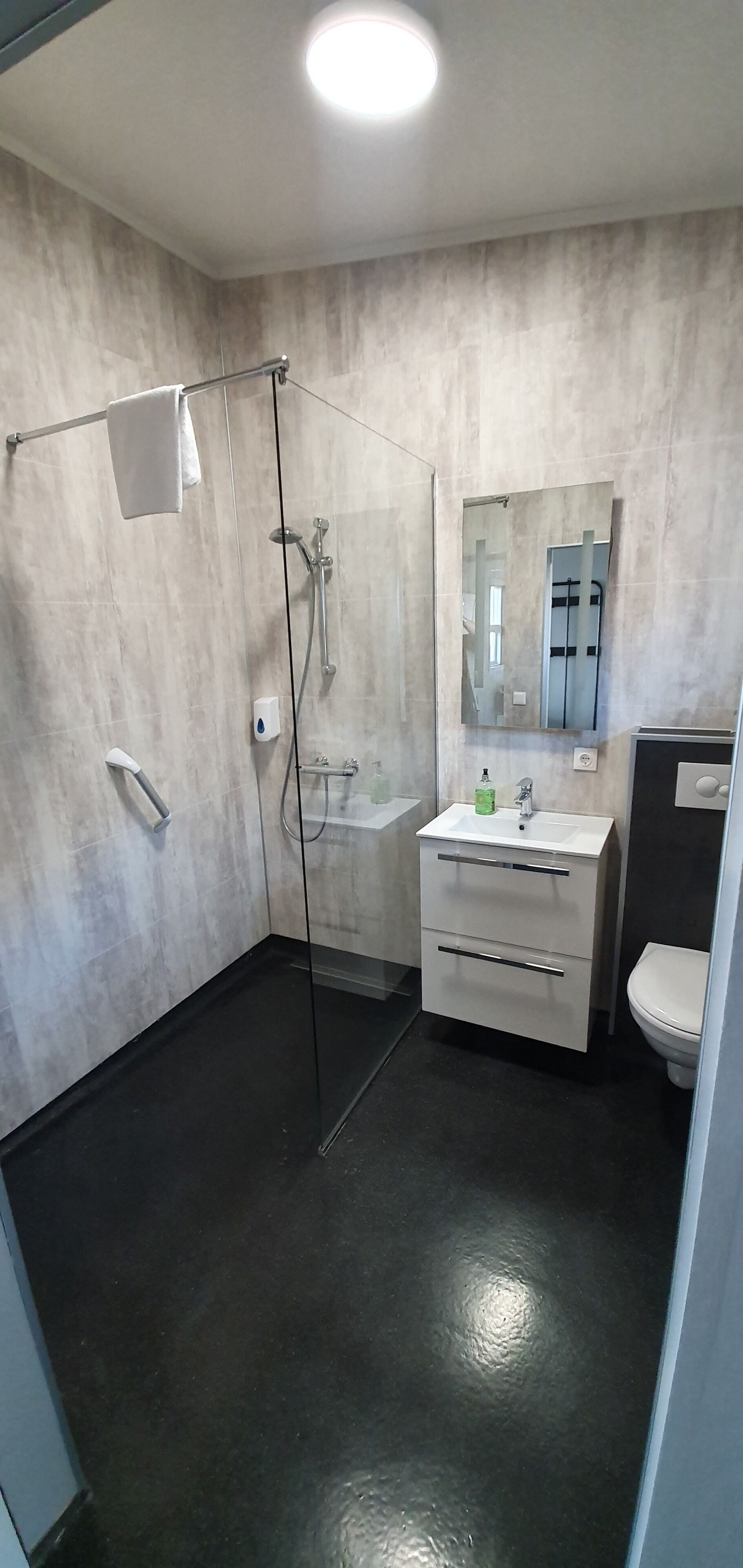 A modern bathroom with a glass-enclosed shower, a white sink with a mirror above it, and a toilet.